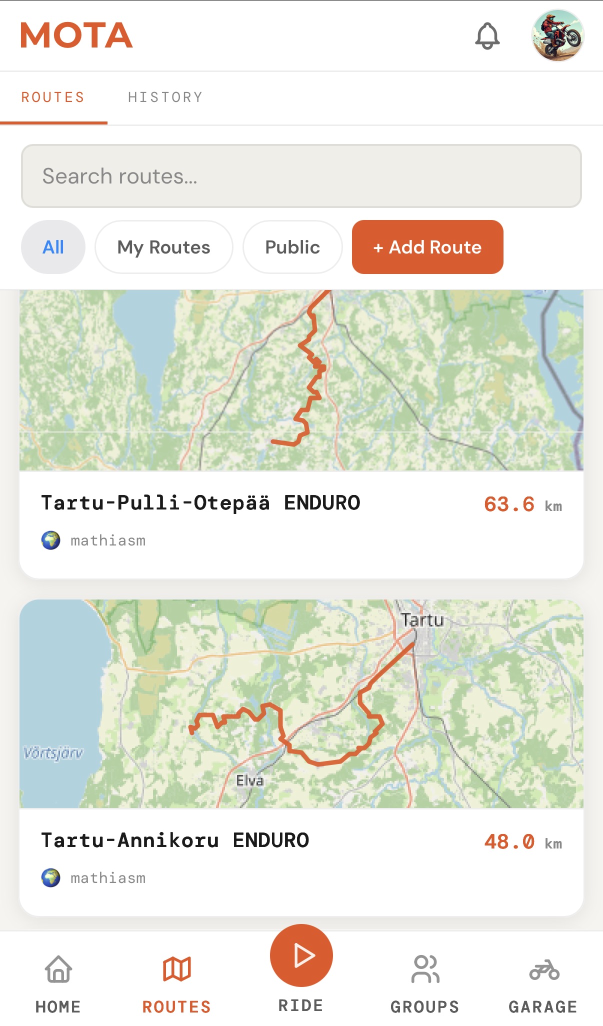 Routes and GPX tracks in Mota